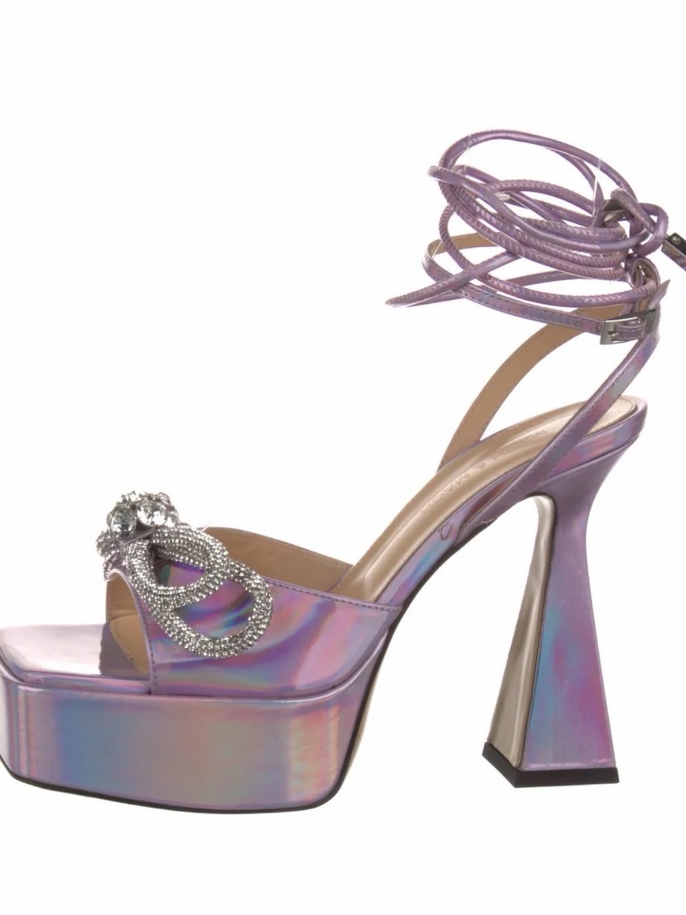 MACH & MACH Iridescent Lavender Ankle-Tie Platform Sandal with Crystal Buckle